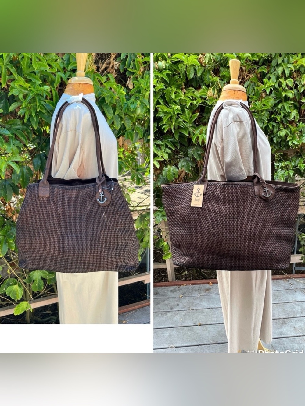 New, woven leather 2 way shoulder tote bag